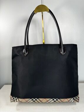 Burberry London Black Nylon Tote Nova Check Trim Zip Top Shoulder Bag Quiet Lux